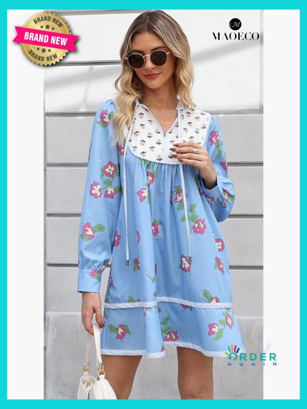 Floral Boho Babydoll Mini Dress V Neck Flowy Short Shift Long Sleeve Patchwork - Picture 7 of 7